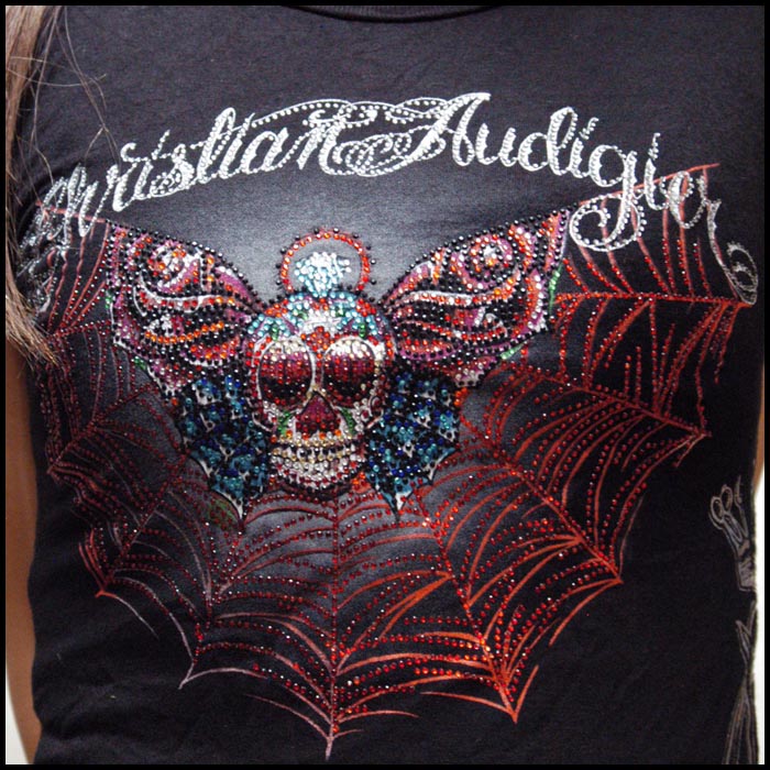 セール クリスチャンオードジェー レディース プラチナム Tシャツ Christian Audigier SKULL WEB ブラック スワロフスキー インポート ハリウッド LAセレブ ファッシ