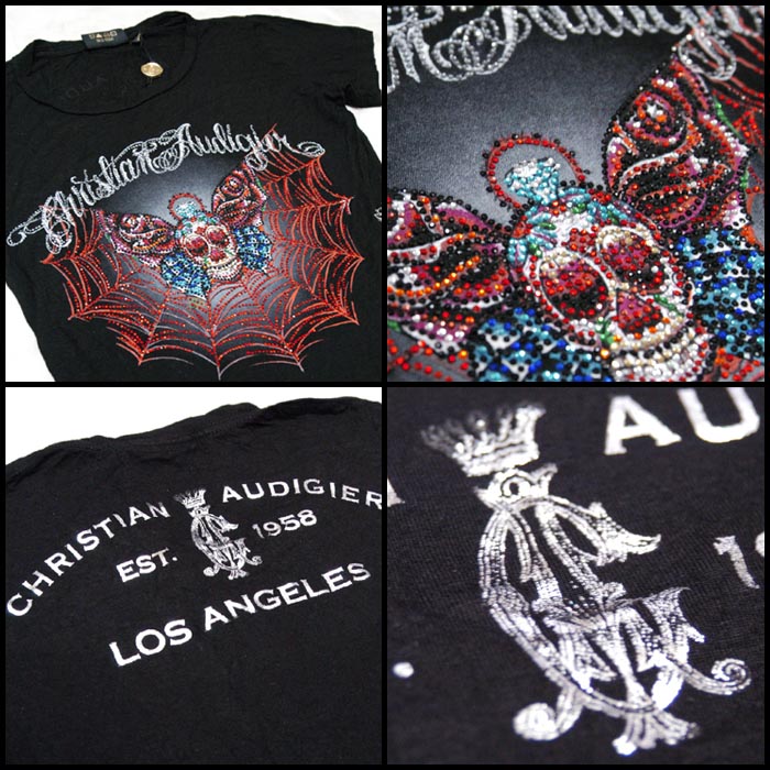 セール クリスチャンオードジェー レディース プラチナム Tシャツ Christian Audigier SKULL WEB ブラック スワロフスキー インポート ハリウッド LAセレブ ファッシ