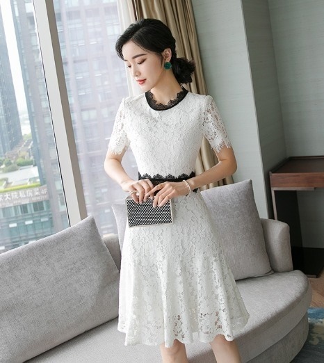 パーティードレス 花柄 レース 半袖 バイカラー Aライン 膝上丈 ミニ丈