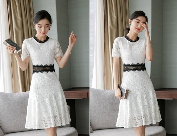 パーティードレス 花柄 レース 半袖 バイカラー Aライン 膝上丈 ミニ丈