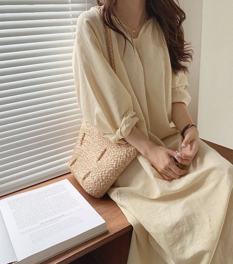 ワンピース レディース ロングワンピース 韓国 フリーサイズ アプリコット ブラック ピンク パープル カラバリ 長袖 無地 キーネック コットン 綿 パフスリーブ マキシ丈 ナチュラル ゆったり