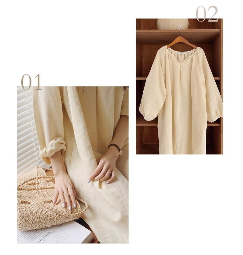 ワンピース レディース ロングワンピース 韓国 フリーサイズ アプリコット ブラック ピンク パープル カラバリ 長袖 無地 キーネック コットン 綿 パフスリーブ マキシ丈 ナチュラル ゆったり