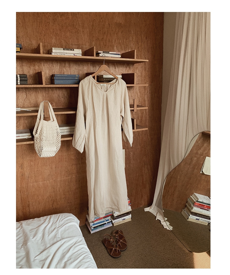 ワンピース レディース ロングワンピース 韓国 フリーサイズ アプリコット ブラック ピンク パープル カラバリ 長袖 無地 キーネック コットン 綿 パフスリーブ マキシ丈 ナチュラル ゆったり