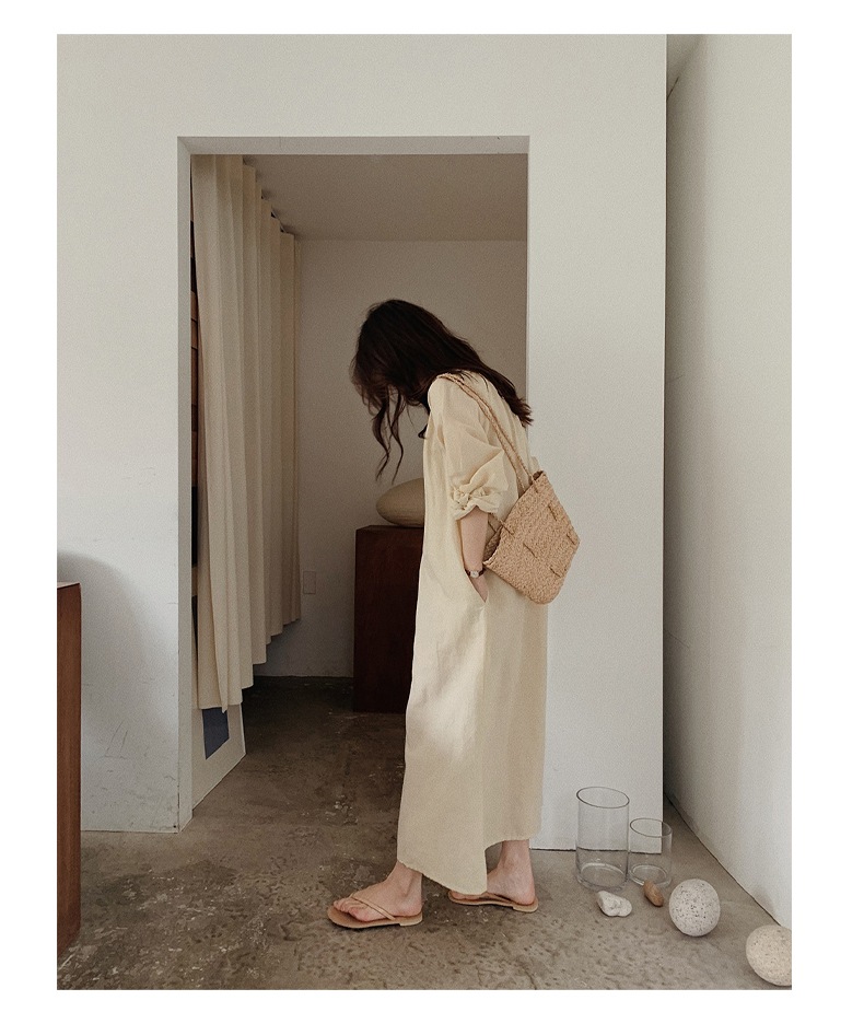 ワンピース レディース ロングワンピース 韓国 フリーサイズ アプリコット ブラック ピンク パープル カラバリ 長袖 無地 キーネック コットン 綿 パフスリーブ マキシ丈 ナチュラル ゆったり