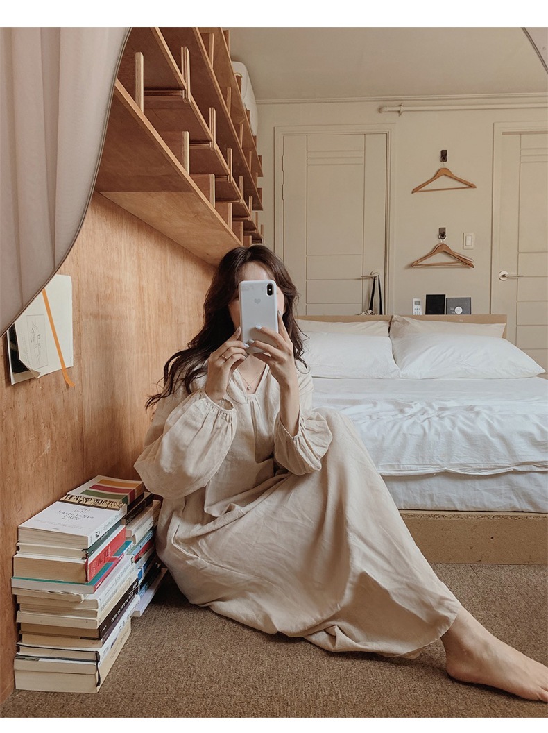 ワンピース レディース ロングワンピース 韓国 フリーサイズ アプリコット ブラック ピンク パープル カラバリ 長袖 無地 キーネック コットン 綿 パフスリーブ マキシ丈 ナチュラル ゆったり