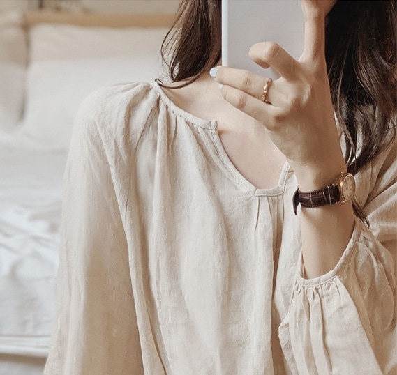 ワンピース レディース ロングワンピース 韓国 フリーサイズ アプリコット ブラック ピンク パープル カラバリ 長袖 無地 キーネック コットン 綿 パフスリーブ マキシ丈 ナチュラル ゆったり