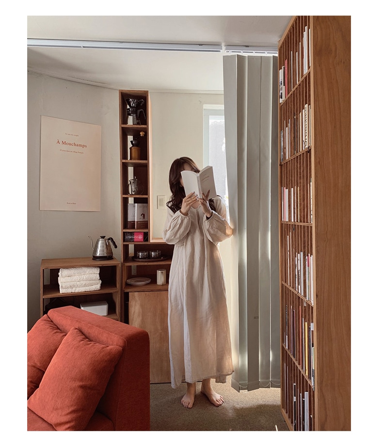 ワンピース レディース ロングワンピース 韓国 フリーサイズ アプリコット ブラック ピンク パープル カラバリ 長袖 無地 キーネック コットン 綿 パフスリーブ マキシ丈 ナチュラル ゆったり