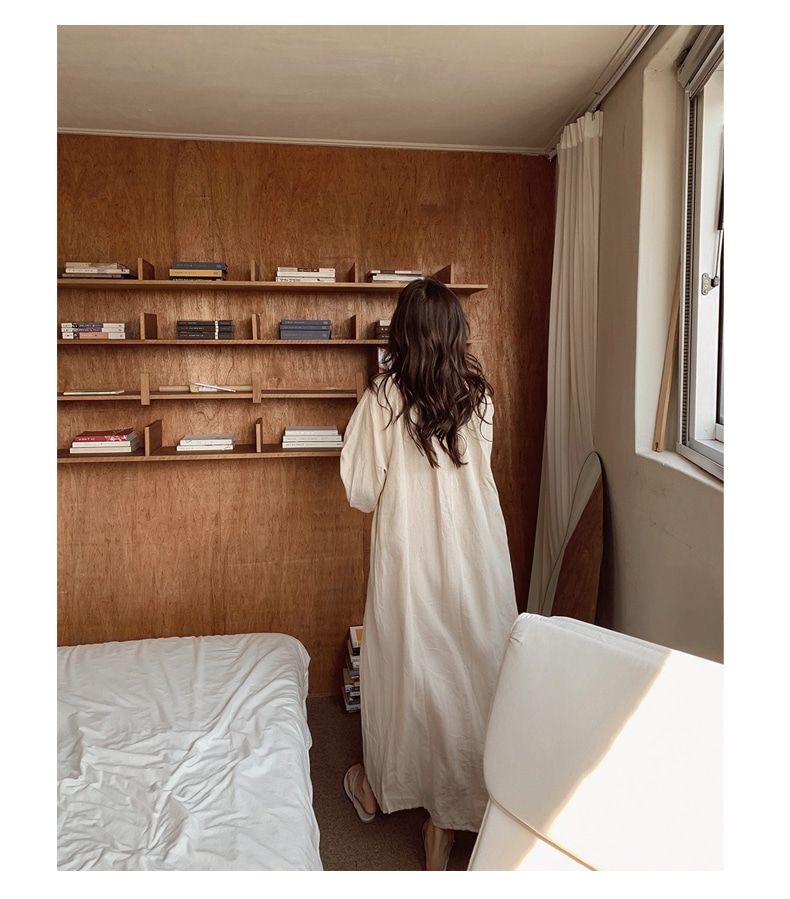 ワンピース レディース ロングワンピース 韓国 フリーサイズ アプリコット ブラック ピンク パープル カラバリ 長袖 無地 キーネック コットン 綿 パフスリーブ マキシ丈 ナチュラル ゆったり