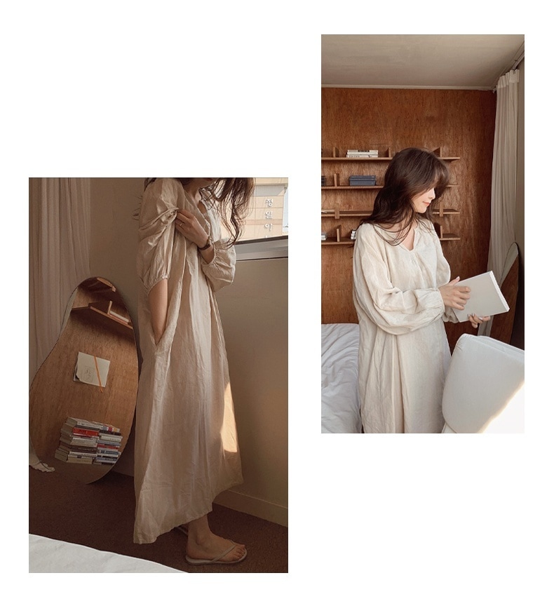 ワンピース レディース ロングワンピース 韓国 フリーサイズ アプリコット ブラック ピンク パープル カラバリ 長袖 無地 キーネック コットン 綿 パフスリーブ マキシ丈 ナチュラル ゆったり