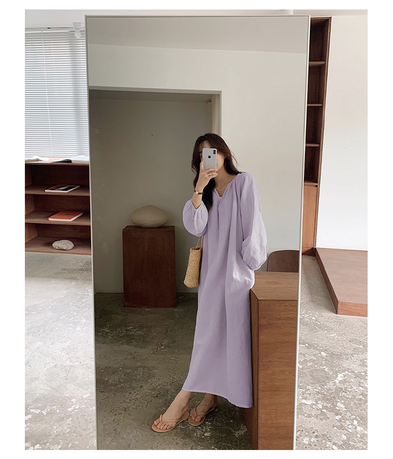 ワンピース レディース ロングワンピース 韓国 フリーサイズ アプリコット ブラック ピンク パープル カラバリ 長袖 無地 キーネック コットン 綿 パフスリーブ マキシ丈 ナチュラル ゆったり