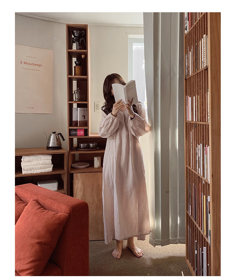 ワンピース レディース ロングワンピース 韓国 フリーサイズ アプリコット ブラック ピンク パープル カラバリ 長袖 無地 キーネック コットン 綿 パフスリーブ マキシ丈 ナチュラル ゆったり