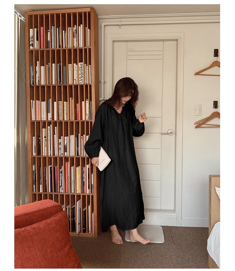 ワンピース レディース ロングワンピース 韓国 フリーサイズ アプリコット ブラック ピンク パープル カラバリ 長袖 無地 キーネック コットン 綿 パフスリーブ マキシ丈 ナチュラル ゆったり