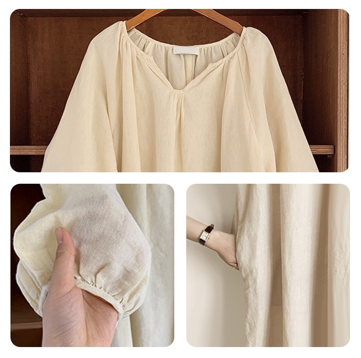 ワンピース レディース ロングワンピース 韓国 フリーサイズ アプリコット ブラック ピンク パープル カラバリ 長袖 無地 キーネック コットン 綿 パフスリーブ マキシ丈 ナチュラル ゆったり