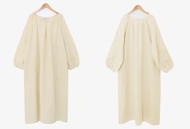 ワンピース レディース ロングワンピース 韓国 フリーサイズ アプリコット ブラック ピンク パープル カラバリ 長袖 無地 キーネック コットン 綿 パフスリーブ マキシ丈 ナチュラル ゆったり