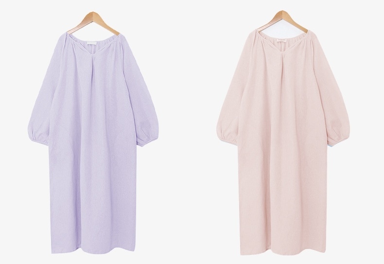 ワンピース レディース ロングワンピース 韓国 フリーサイズ アプリコット ブラック ピンク パープル カラバリ 長袖 無地 キーネック コットン 綿 パフスリーブ マキシ丈 ナチュラル ゆったり