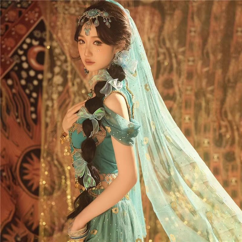 新しいアクセサリーの服のセットは女性のジャスミンの王女のcosの異国の風情の服のピーコックの青いセットです 新しいアクセサリーの服のセットは女性のジャスミンの王女のcosの異国の風情の服のピーコックの青いセットです