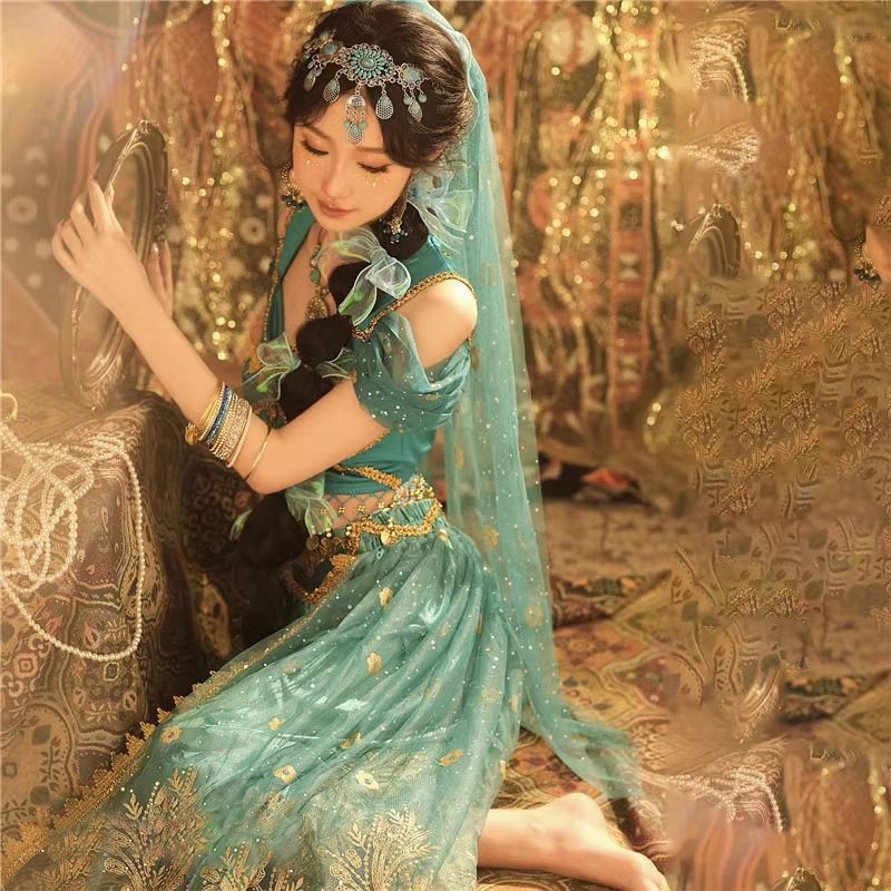 新しいアクセサリーの服のセットは女性のジャスミンの王女のcosの異国の風情の服のピーコックの青いセットです 新しいアクセサリーの服のセットは女性のジャスミンの王女のcosの異国の風情の服のピーコックの青いセットです