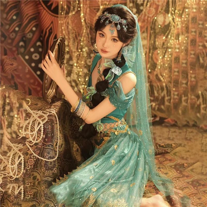 新しいアクセサリーの服のセットは女性のジャスミンの王女のcosの異国の風情の服のピーコックの青いセットです 新しいアクセサリーの服のセットは女性のジャスミンの王女のcosの異国の風情の服のピーコックの青いセットです