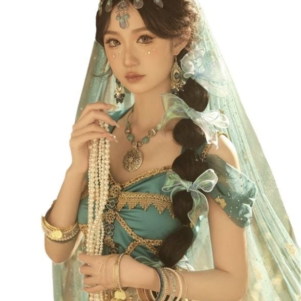 新しいアクセサリーの服のセットは女性のジャスミンの王女のcosの異国の風情の服のピーコックの青いセットです 新しいアクセサリーの服のセットは女性のジャスミンの王女のcosの異国の風情の服のピーコックの青いセットです