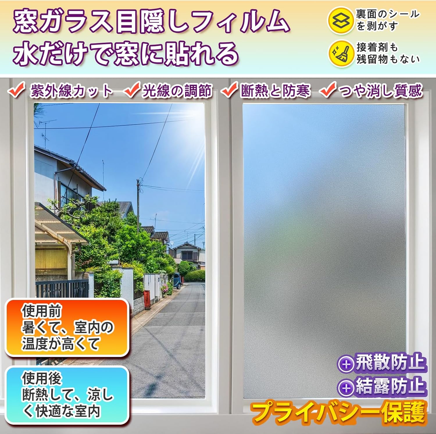 窓用プライバシーフィルムすりガラススクリーン断熱窓フィルム外から見えない防水剥がせるUVカット（ライトホワイト45x1000 cm）