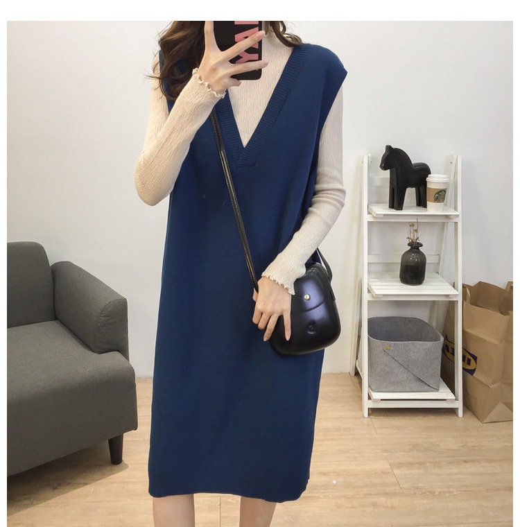 韓国ノースリーブVネックニット秋冬ウールニットワンピースミディアムセータータンクトップスカート 韓国ノースリーブVネックニット秋冬ウールニットワンピースミディアムセータータンクトップスカート