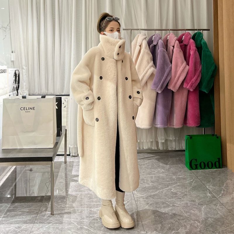 ムートンファッション 厚手 ロング 韓国 百掛け ふわふわ ウォーム おしゃれ 立ち襟 フェイクラムズウール 皮毛一体 アウター