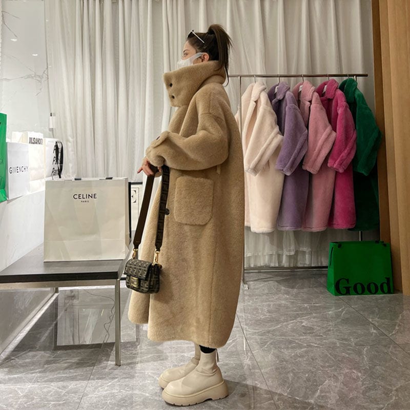 ムートンファッション 厚手 ロング 韓国 百掛け ふわふわ ウォーム おしゃれ 立ち襟 フェイクラムズウール 皮毛一体 アウター