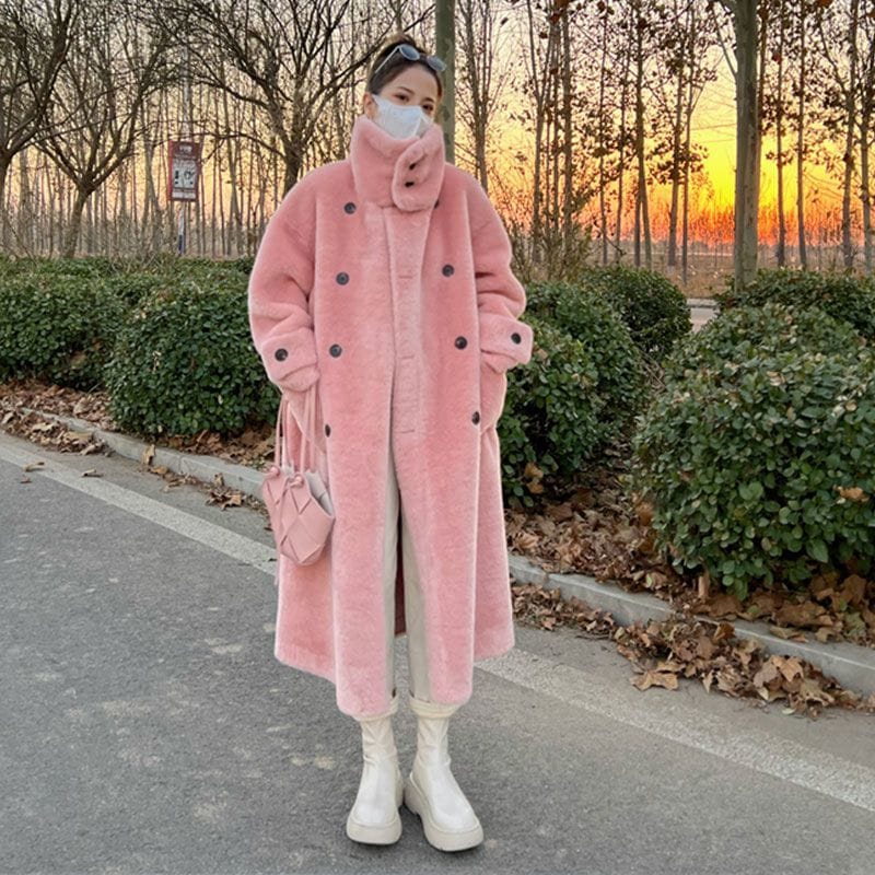 ムートンファッション 厚手 ロング 韓国 百掛け ふわふわ ウォーム おしゃれ 立ち襟 フェイクラムズウール 皮毛一体 アウター