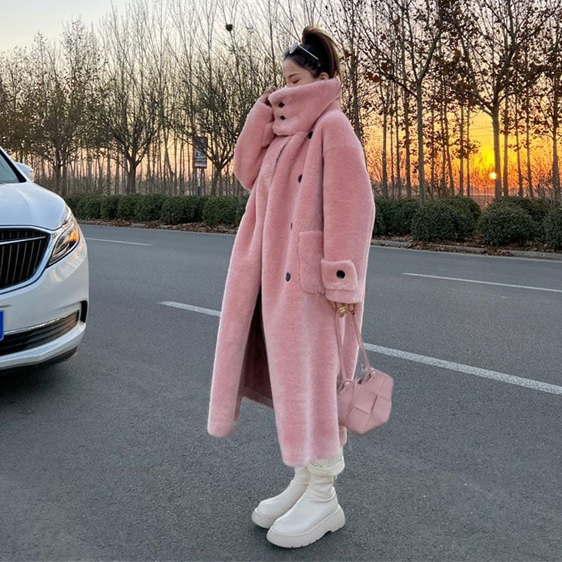 ムートンファッション 厚手 ロング 韓国 百掛け ふわふわ ウォーム おしゃれ 立ち襟 フェイクラムズウール 皮毛一体 アウター