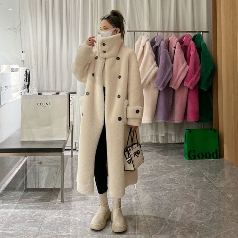 ムートンファッション 厚手 ロング 韓国 百掛け ふわふわ ウォーム おしゃれ 立ち襟 フェイクラムズウール 皮毛一体 アウター