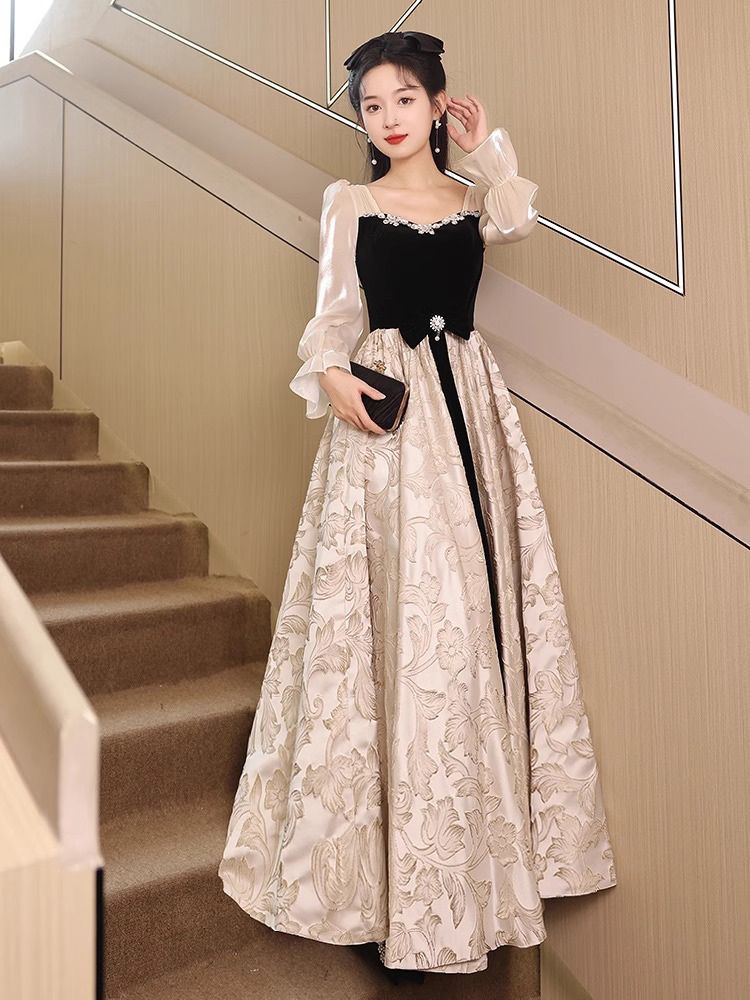 長袖イブニングドレスフェミニンスタイル宴会ハイエンド気質芸術テストドレス