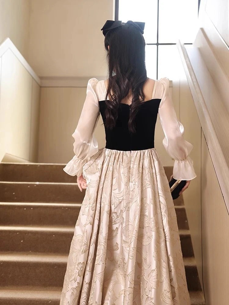 長袖イブニングドレスフェミニンスタイル宴会ハイエンド気質芸術テストドレス