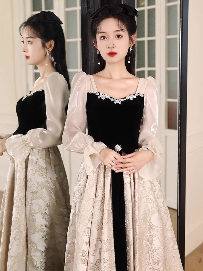 長袖イブニングドレスフェミニンスタイル宴会ハイエンド気質芸術テストドレス