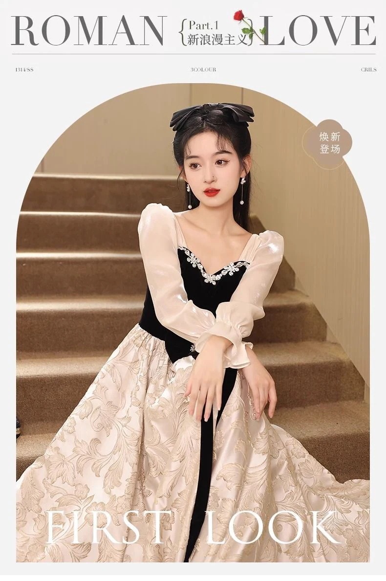 長袖イブニングドレスフェミニンスタイル宴会ハイエンド気質芸術テストドレス