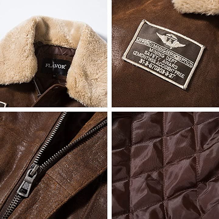 メンズ 本革 ボンバーレザージャケット パイロット コート 革ジャン 取り外し可能ファーカラー( ブラウン, 3XL)