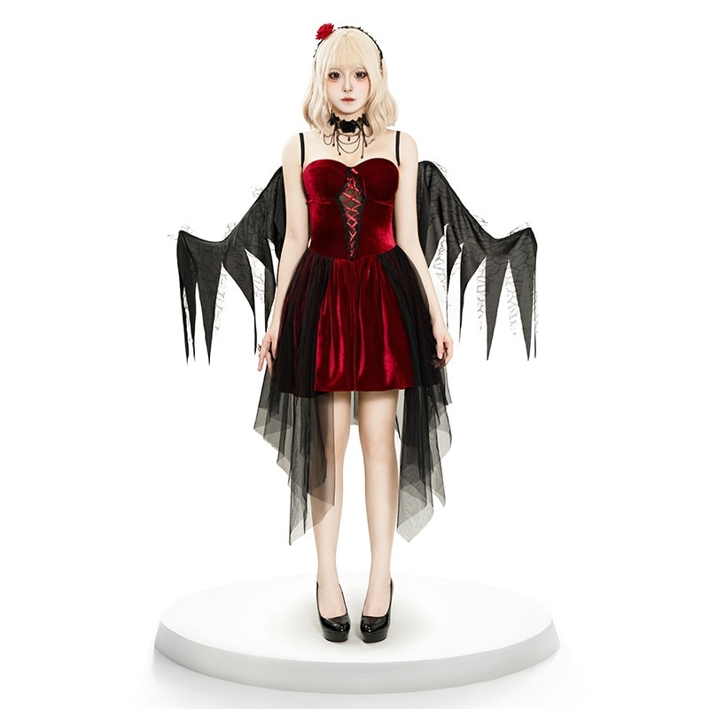 4点セット ハロウィン 仮装 大人 女性 天使 悪魔 魔女 デビル コスプレ ジュニア レディース ハロウィーン衣装 赤色 黒 キャミ ワンピース セクシー 可愛い 変装 つばさ 首飾り 髪飾り