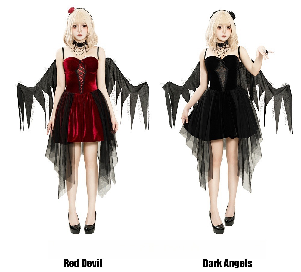4点セット ハロウィン 仮装 大人 女性 天使 悪魔 魔女 デビル コスプレ ジュニア レディース ハロウィーン衣装 赤色 黒 キャミ ワンピース セクシー 可愛い 変装 つばさ 首飾り 髪飾り