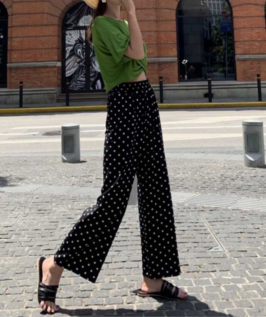 ボトムス ボトム おすすめ おしゃれ お洒落 安い プチプラ パンツ ワイド パンツ ハイ ウエスト 太め ドット ストレッチ ポリエステル ウエスト ゴム 動きやすい