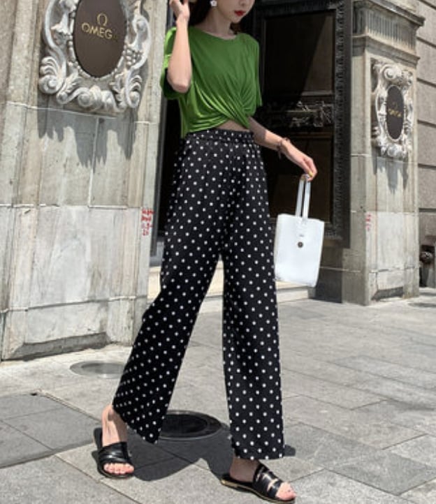 ボトムス ボトム おすすめ おしゃれ お洒落 安い プチプラ パンツ ワイド パンツ ハイ ウエスト 太め ドット ストレッチ ポリエステル ウエスト ゴム 動きやすい