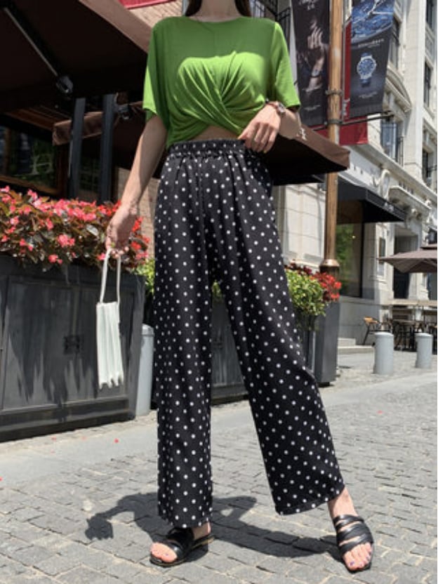 ボトムス ボトム おすすめ おしゃれ お洒落 安い プチプラ パンツ ワイド パンツ ハイ ウエスト 太め ドット ストレッチ ポリエステル ウエスト ゴム 動きやすい