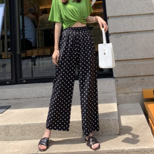 ボトムス ボトム おすすめ おしゃれ お洒落 安い プチプラ パンツ ワイド パンツ ハイ ウエスト 太め ドット ストレッチ ポリエステル ウエスト ゴム 動きやすい