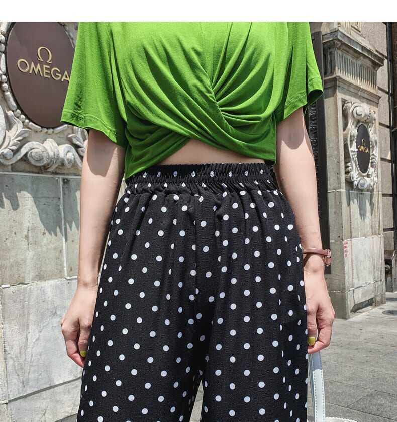 ボトムス ボトム おすすめ おしゃれ お洒落 安い プチプラ パンツ ワイド パンツ ハイ ウエスト 太め ドット ストレッチ ポリエステル ウエスト ゴム 動きやすい