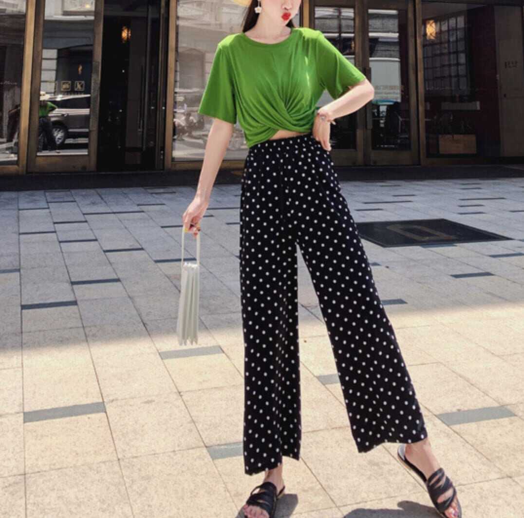 ボトムス ボトム おすすめ おしゃれ お洒落 安い プチプラ パンツ ワイド パンツ ハイ ウエスト 太め ドット ストレッチ ポリエステル ウエスト ゴム 動きやすい