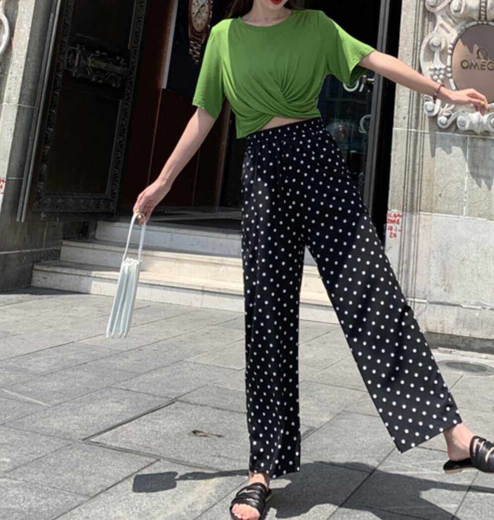 ボトムス ボトム おすすめ おしゃれ お洒落 安い プチプラ パンツ ワイド パンツ ハイ ウエスト 太め ドット ストレッチ ポリエステル ウエスト ゴム 動きやすい