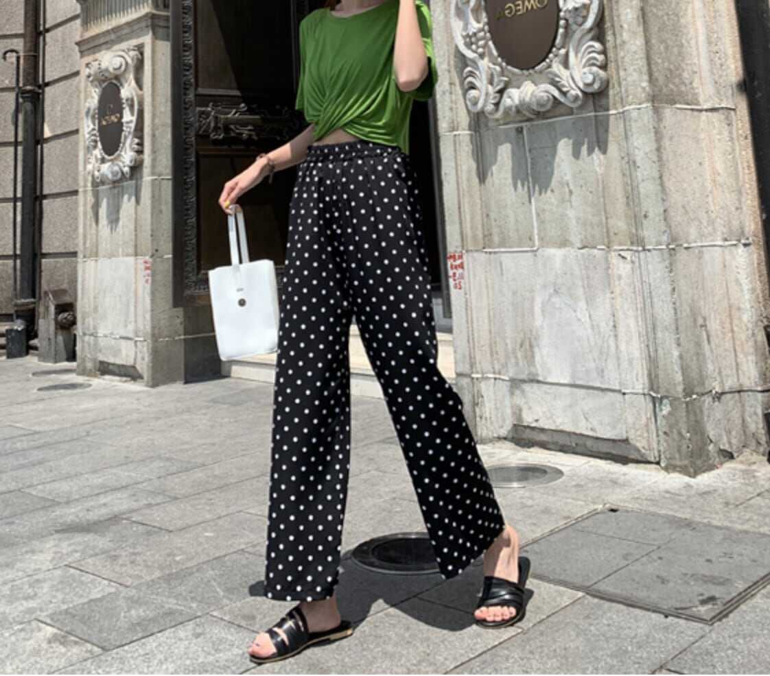 ボトムス ボトム おすすめ おしゃれ お洒落 安い プチプラ パンツ ワイド パンツ ハイ ウエスト 太め ドット ストレッチ ポリエステル ウエスト ゴム 動きやすい
