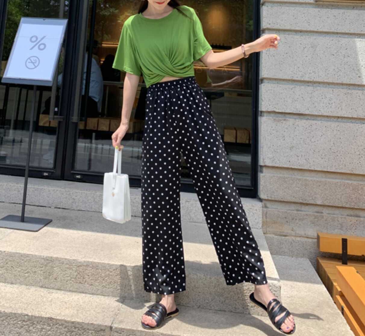 ボトムス ボトム おすすめ おしゃれ お洒落 安い プチプラ パンツ ワイド パンツ ハイ ウエスト 太め ドット ストレッチ ポリエステル ウエスト ゴム 動きやすい