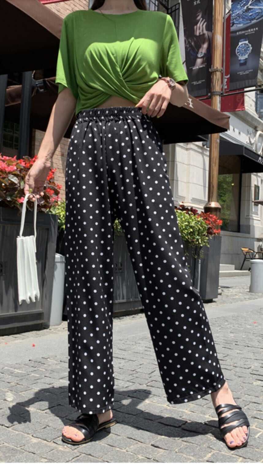 ボトムス ボトム おすすめ おしゃれ お洒落 安い プチプラ パンツ ワイド パンツ ハイ ウエスト 太め ドット ストレッチ ポリエステル ウエスト ゴム 動きやすい