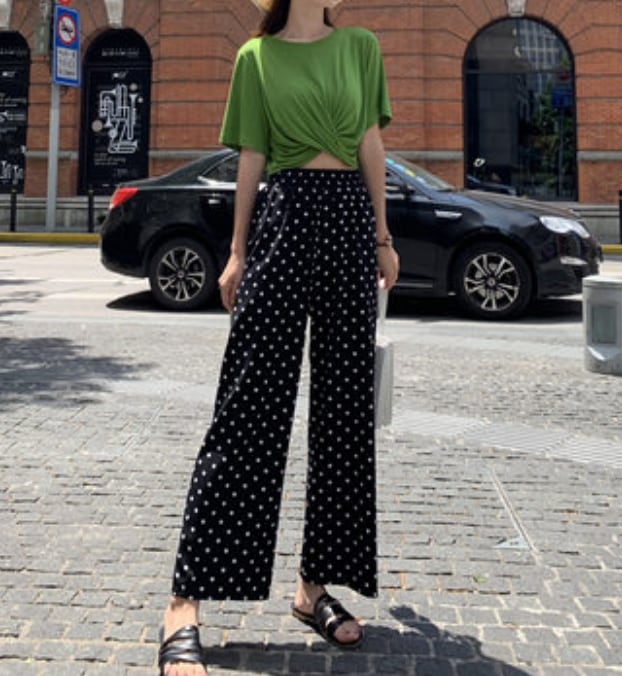 ボトムス ボトム おすすめ おしゃれ お洒落 安い プチプラ パンツ ワイド パンツ ハイ ウエスト 太め ドット ストレッチ ポリエステル ウエスト ゴム 動きやすい