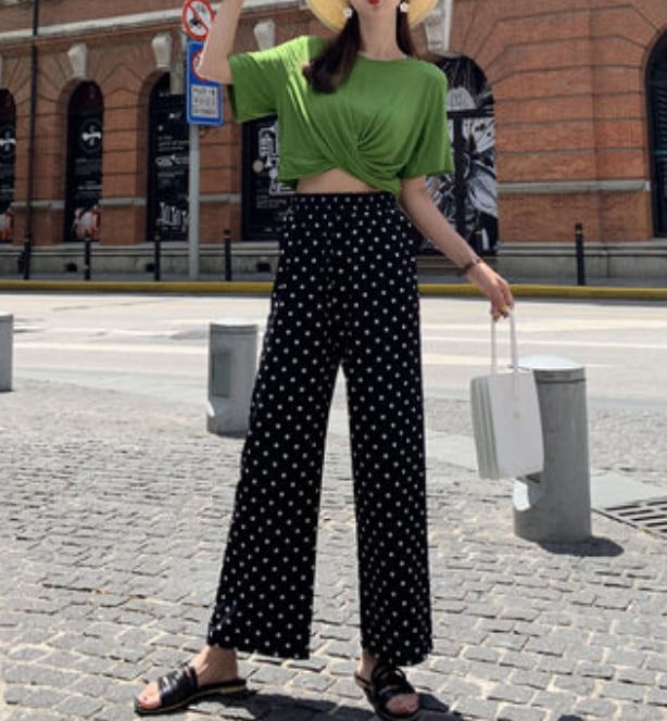 ボトムス ボトム おすすめ おしゃれ お洒落 安い プチプラ パンツ ワイド パンツ ハイ ウエスト 太め ドット ストレッチ ポリエステル ウエスト ゴム 動きやすい