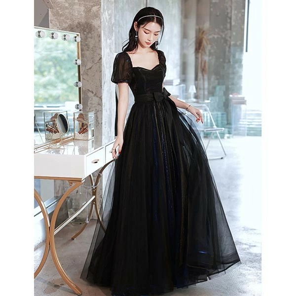 ロングドレス 演奏会 黒 ドレス ブラック リボン 袖あり パフスリーブ オフショルダー 2WAY 小さいサイズ ピアノ 発表会 Aライン 背中開き 大人 編み上げ 二次会 花嫁 結婚式 母親 ドレス